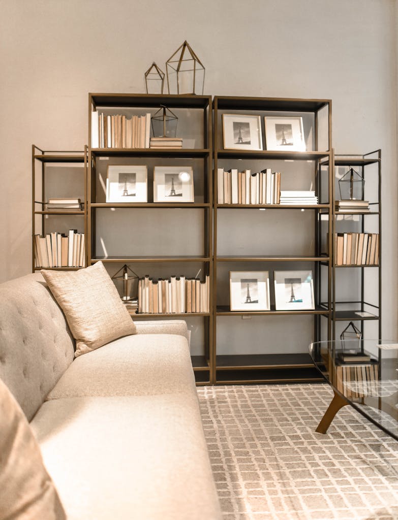 A stylish modern living room featuring bookshelves with decor and a comfortable sofa. Ideal for interior design inspiration.